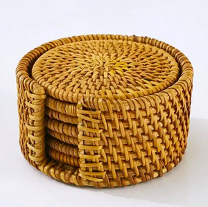 Set 6 Pieces Handmade Rattan Coasters | Round Woven Coasters with Holder | Natural Coaster Set