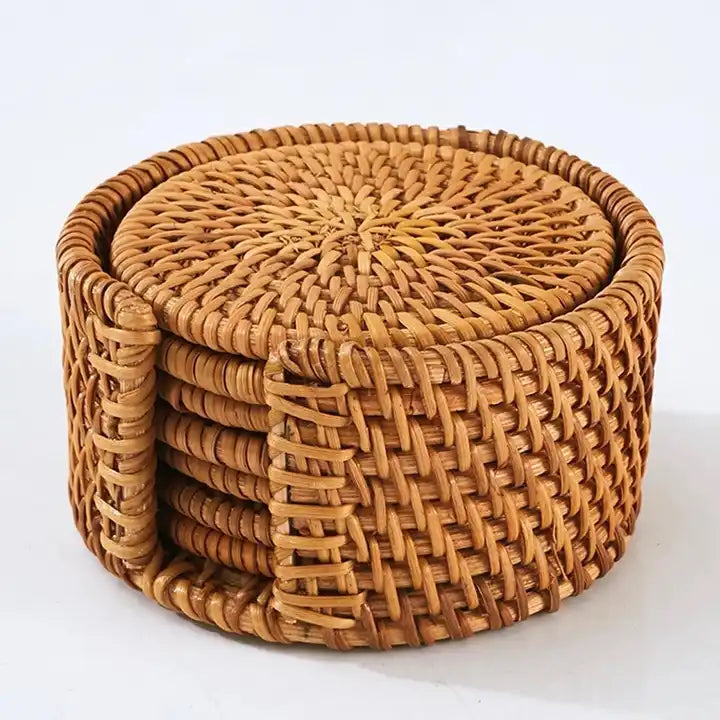 Set 6 Pieces Handmade Rattan Coasters | Round Woven Coasters with Holder | Natural Coaster Set
