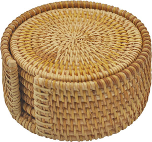 Set 6 Pieces Handmade Rattan Coasters | Round Woven Coasters with Holder | Natural Coaster Set
