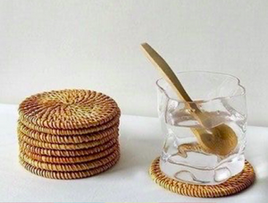 Set 6 Pieces Handmade Rattan Coasters | Round Woven Coasters with Holder | Natural Coaster Set