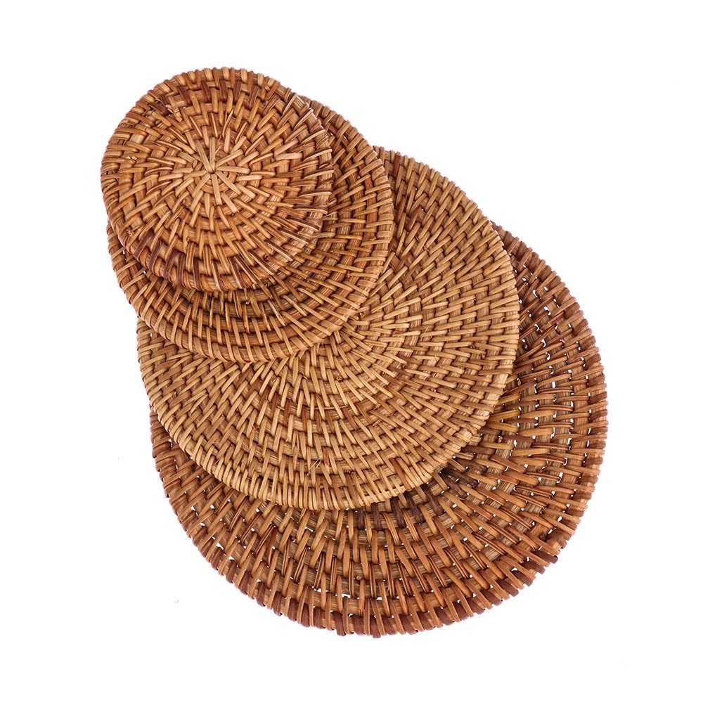 Set 6 Pieces Handmade Rattan Coasters | Round Woven Coasters with Holder | Natural Coaster Set