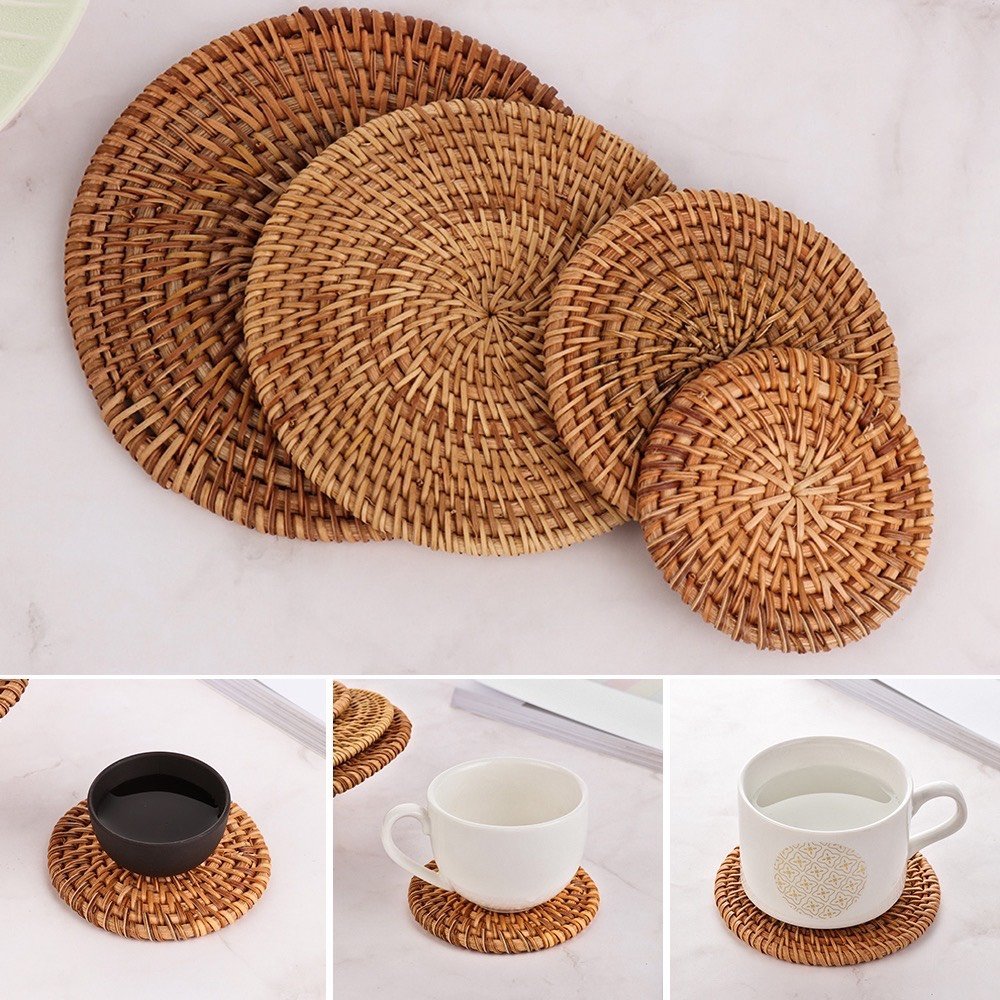 Set 6 Pieces Handmade Rattan Coasters | Round Woven Coasters with Holder | Natural Coaster Set