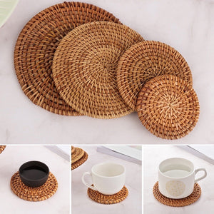 Set 6 Pieces Handmade Rattan Coasters | Round Woven Coasters with Holder | Natural Coaster Set