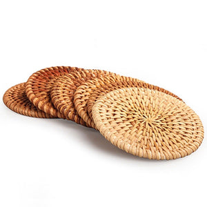 Set 6 Pieces Handmade Rattan Coasters | Round Woven Coasters with Holder | Natural Coaster Set