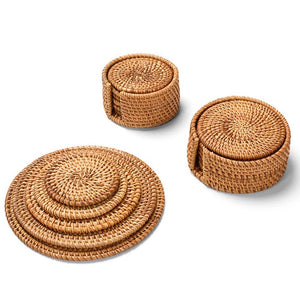 Set 6 Pieces Handmade Rattan Coasters | Round Woven Coasters with Holder | Natural Coaster Set