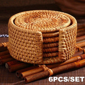 Set 6 Pieces Handmade Rattan Coasters | Round Woven Coasters with Holder | Natural Coaster Set