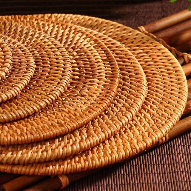 Handcrafted store Woven Native Rattan Round Glass Coasters Set of 6