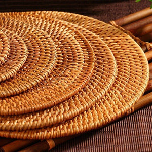 Set 6 Pieces Handmade Rattan Coasters | Round Woven Coasters with Holder | Natural Coaster Set