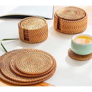 Set 6 Pieces Handmade Rattan Coasters | Round Woven Coasters with Holder | Natural Coaster Set