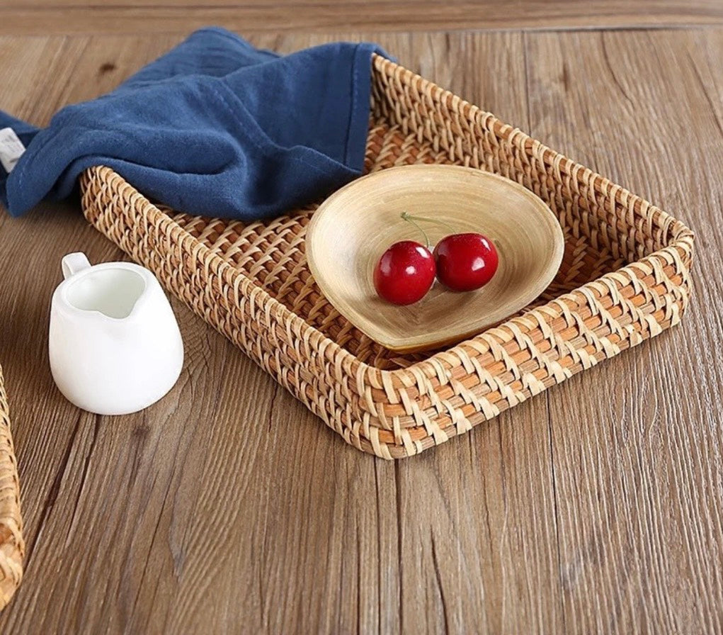 Wicker Baskets Trays Rattan Serving Tray Rectangle Vanity Basket Set of 3 for Bathroom Woven Storage and Organizer for Kitchen Coffee Table Trays for Living Room Home Deco