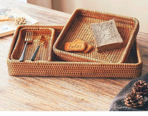 Wicker Baskets Trays Rattan Serving Tray Rectangle Vanity Basket Set of 3 for Bathroom Woven Storage and Organizer for Kitchen Coffee Table Trays for Living Room Home Deco