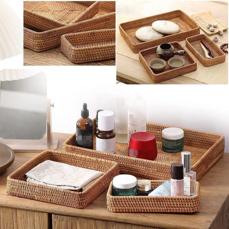 Wicker Baskets Trays Rattan Serving Tray Rectangle Vanity Basket Set of 3 for Bathroom Woven Storage and Organizer for Kitchen Coffee Table Trays for Living Room Home Deco
