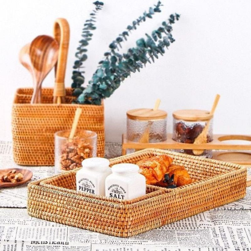 Wicker Baskets Trays Rattan Serving Tray Rectangle Vanity Basket Set of 3 for Bathroom Woven Storage and Organizer for Kitchen Coffee Table Trays for Living Room Home Deco